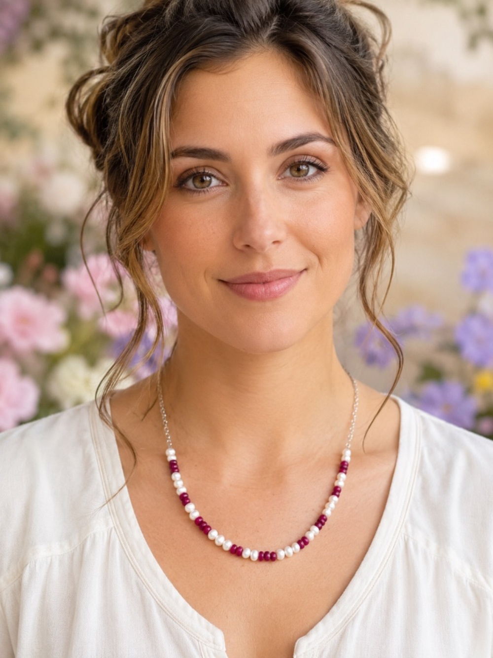 Natural Ruby & Freshwater Pearl Necklace | Handmade Sterling Silver | Up to 24"